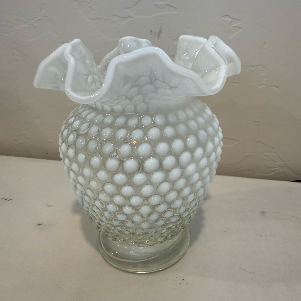Fenton French Opalescent Hobnail Glass Double Crimped Vase’s 6” Tall Ruffled‎
